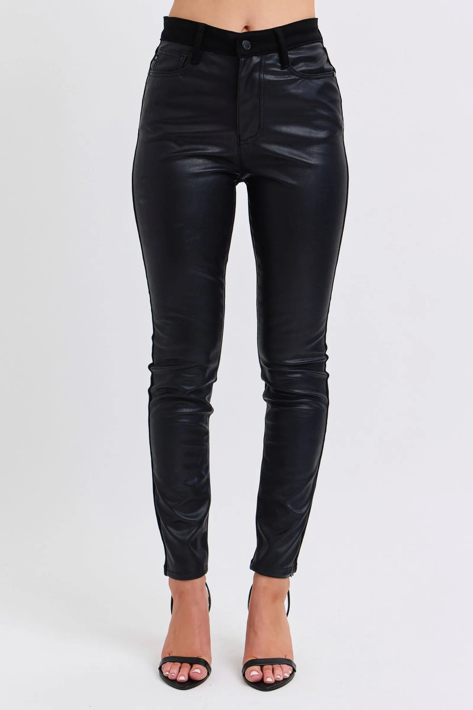 Judy Blue plus size faux leather skinny pants, black, front view with button waist