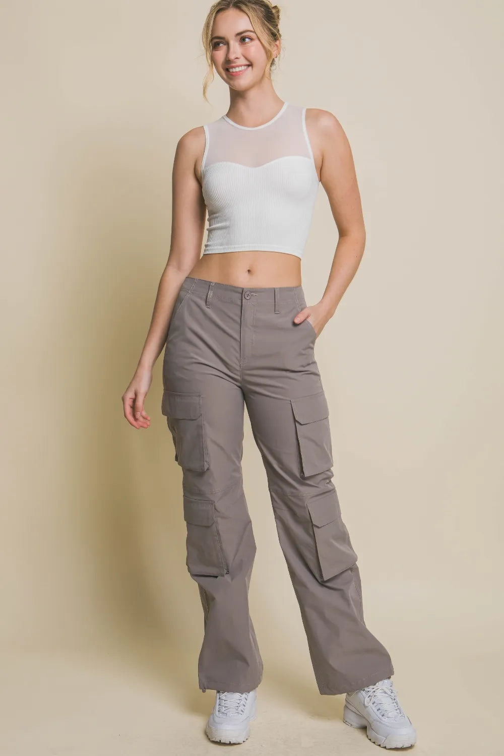 Off-white ribbed cropped mesh tank with bust seam and round neck