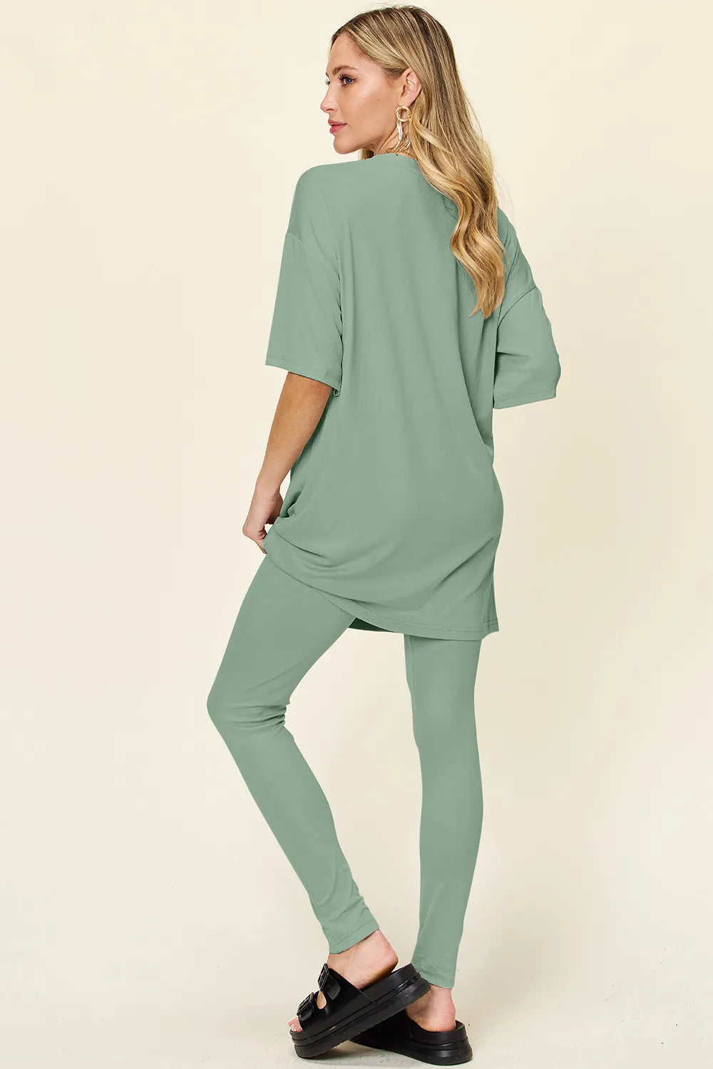 Light Green Leggings-Set mit lockerem Drop-Shoulder-Tunika-Shirt, Rundhals