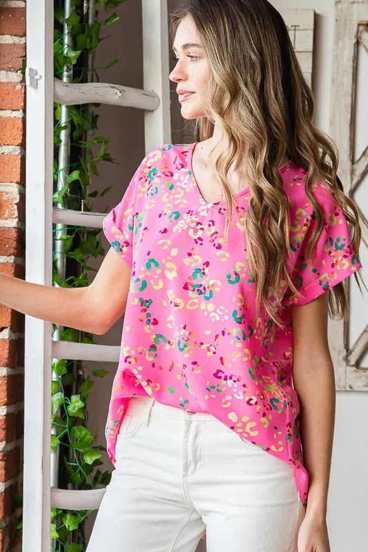 Plus-size V-neck tee, pink multi animal-print, short sleeves