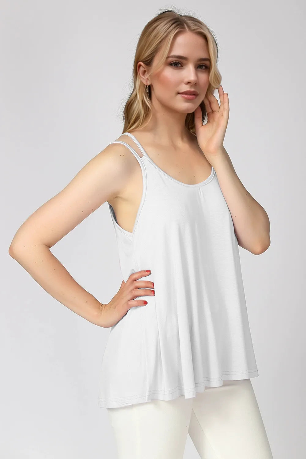 Bamboo scoop neck cami in white with double spaghetti straps—front view