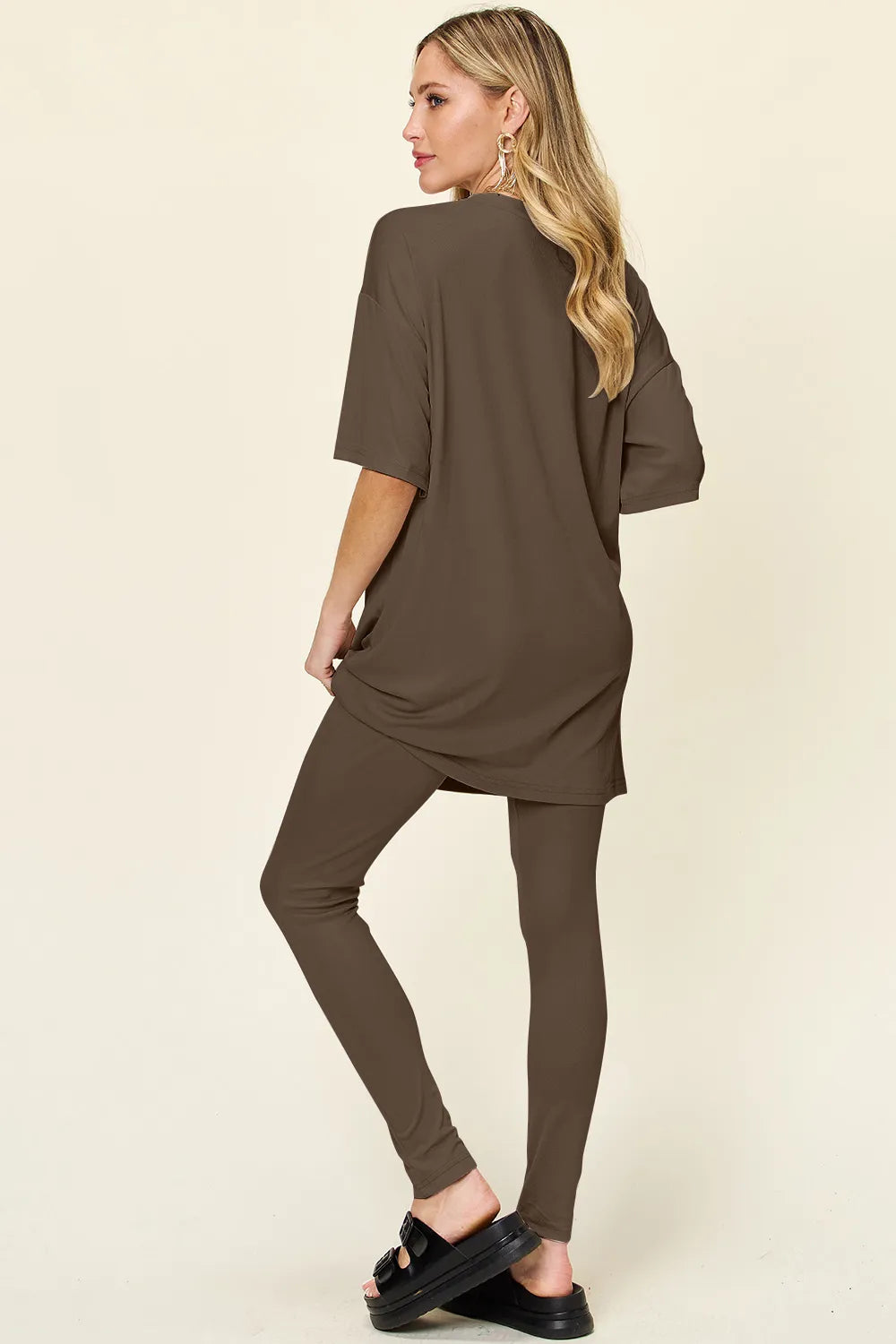 Mocha brown dropped-shoulder T-shirt and leggings set, long tunic length