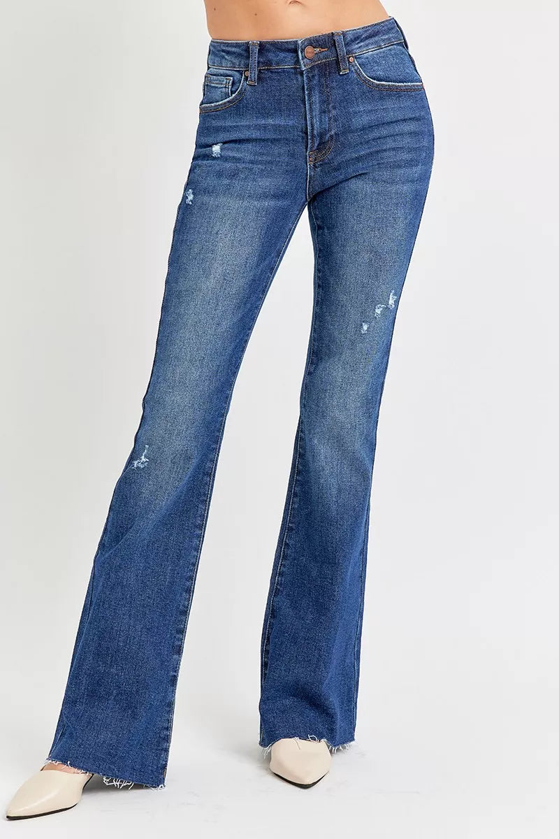 Dunkelblaue Mid-Rise Flare-Jeans mit Distressed-Stellen, Plus-Size