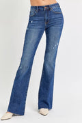 Dunkelblaue Mid-Rise Flare-Jeans mit Distressed-Stellen, Plus-Size