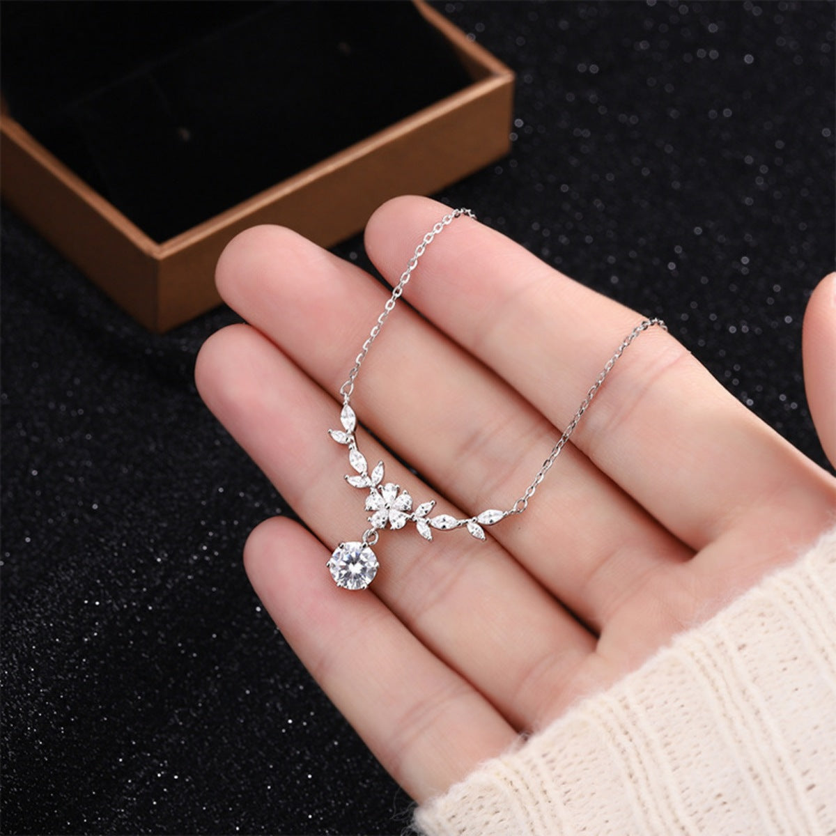 Leaf flower moissanite necklace on hand, round solitaire pendant with silver chain