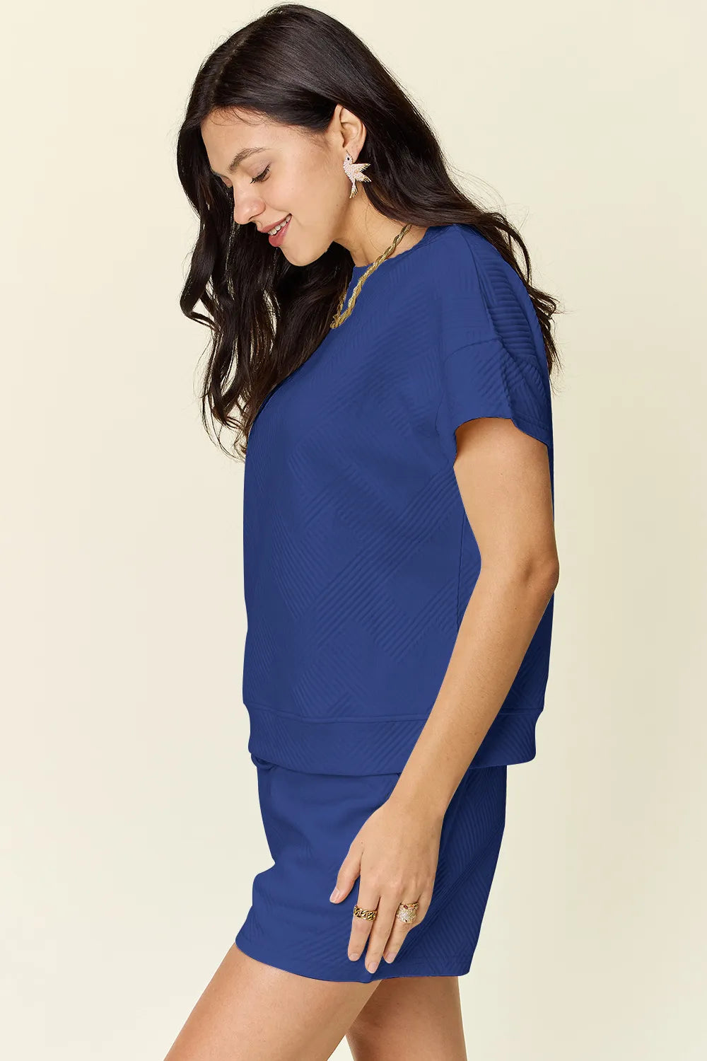 Royal Blue textured short-sleeve T-shirt and drawstring shorts set, side view