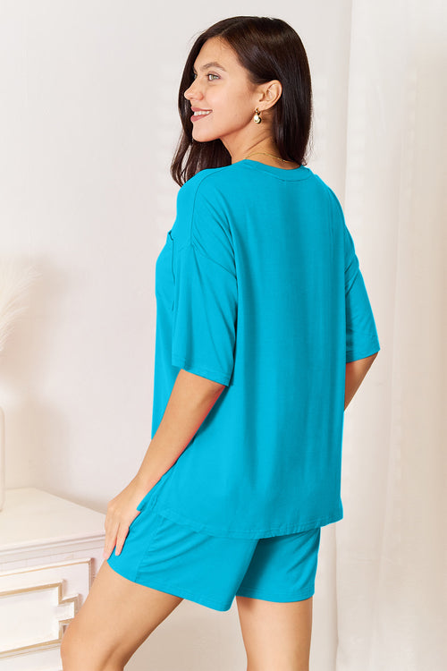 Sky blue rayon top and shorts set, back view, half sleeves and drawstring waist