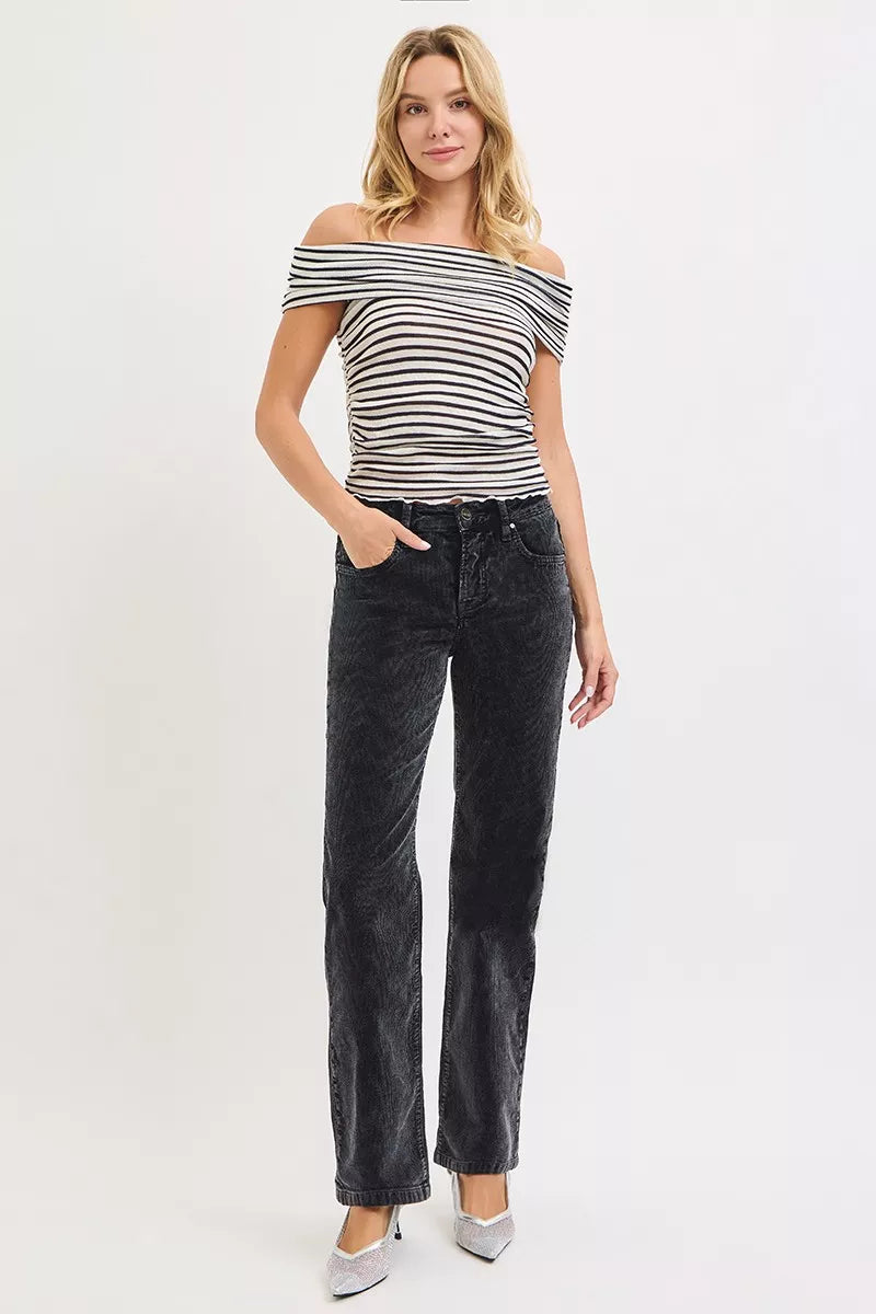 Midnight corduroy straight-leg pants, mid-rise waist, front button and pockets