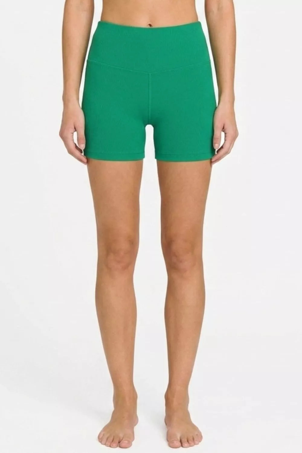 K Green brushed microfiber biker shorts with wide waistband, front view