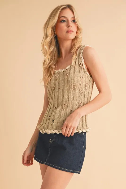 Khaki distressed knit tank with round neck, sleeveless fit, and scalloped trim along the bottom
