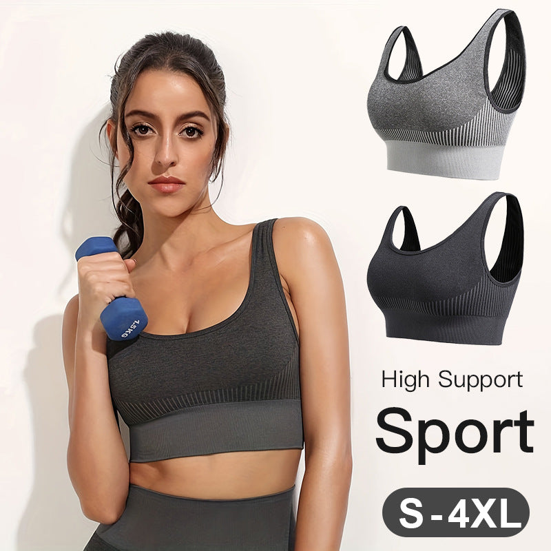 Plus size seamless sports bra, dark gray with wide underband and racerback straps