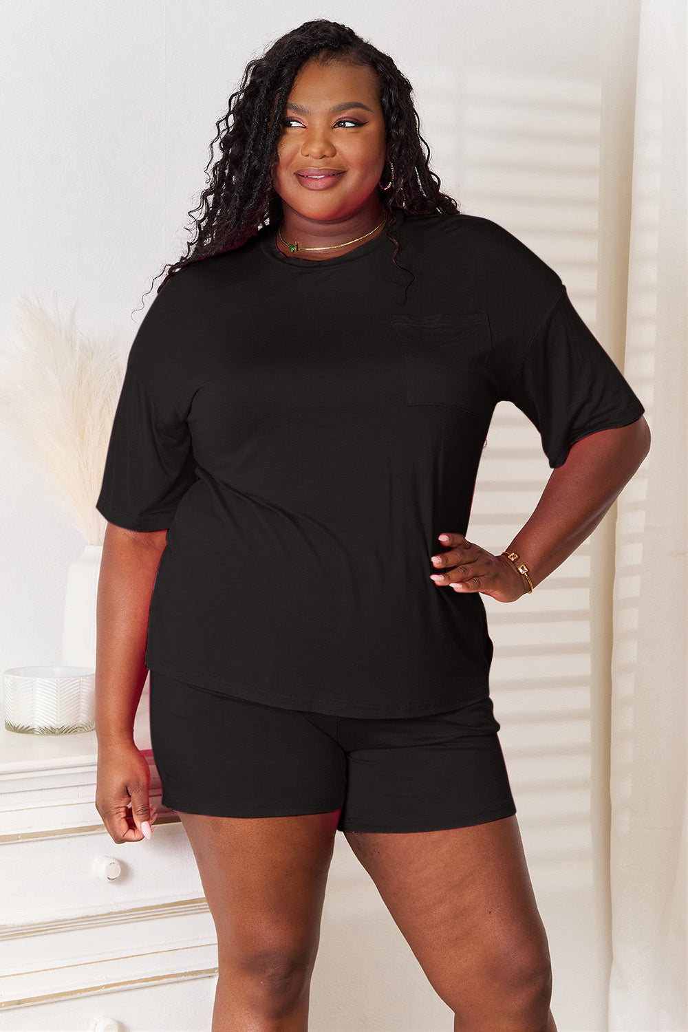 Black rayon top and shorts set with half sleeves and elastic waist