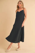 Schwarzes A-Linien Midi-Cami-Kleid mit schmalen Trägern und ausgestelltem Saum