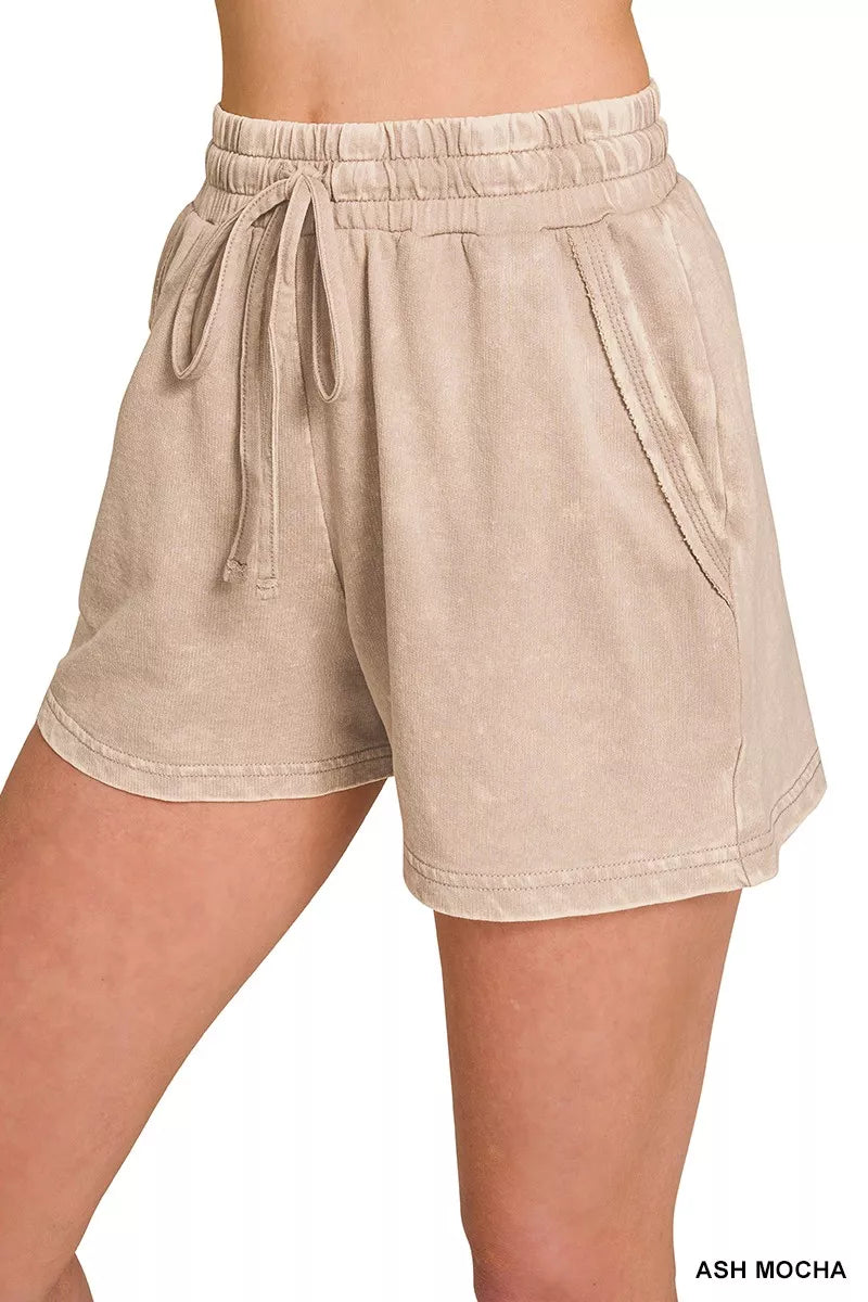 Ash mocha relaxed French terry shorts, drawstring waist, side seam pockets