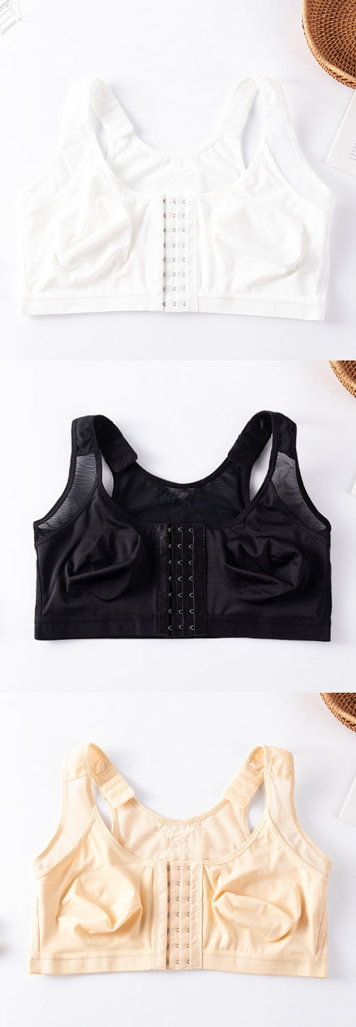 Plus size front-closure sports bra, 3-pack in white, black, and apricot