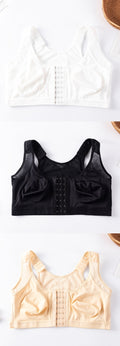 Plus size front-closure sports bra, 3-pack in white, black, and apricot