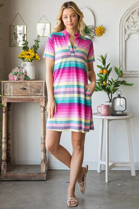 Pink multi striped V-neck short-sleeve mini tee dress, plus size, front view