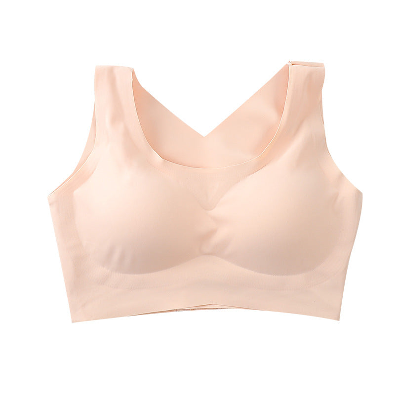 Beige adjustable posture bra with V neckline and smooth molded cups