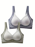 Gray and olive sports bras with darker swirl print, racerback straps, V-cut neckline (2-pack)