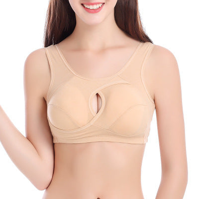 Beige cotton sports bra with center cutout and smooth molded cups