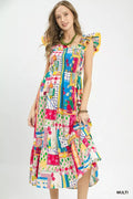 Abstract print smocked midi dress with tiered ruffle sleeves, multicolor