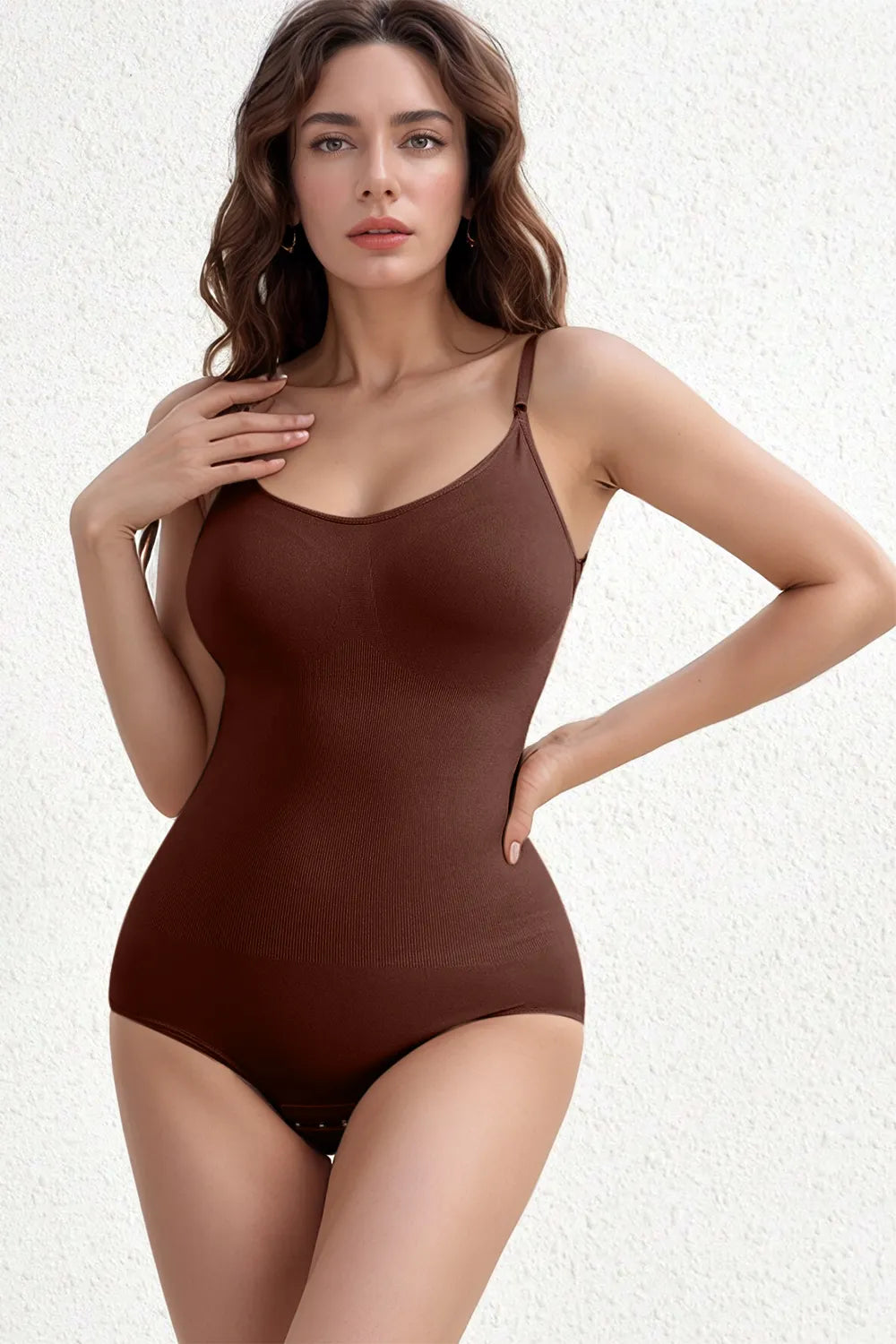 Basic Bae full-size scoop neck bodysuit, brown with thin shoulder straps