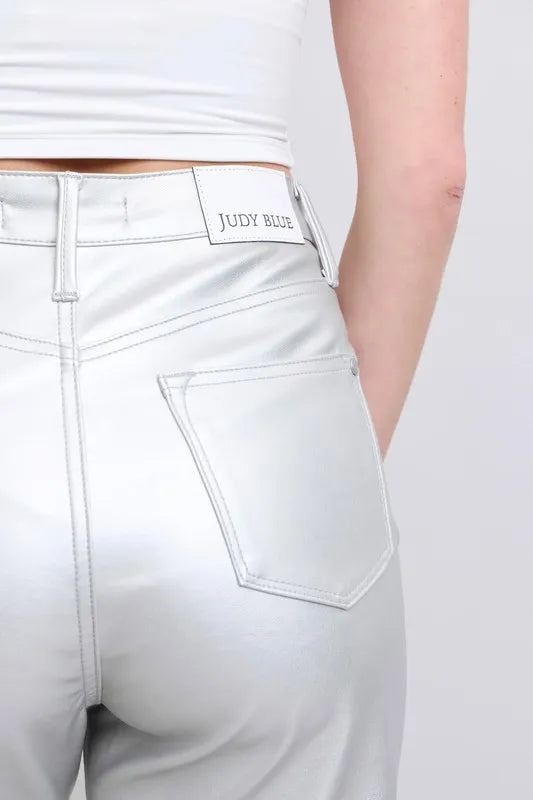High-waist faux leather pants waistband with Judy Blue patch and belt loops