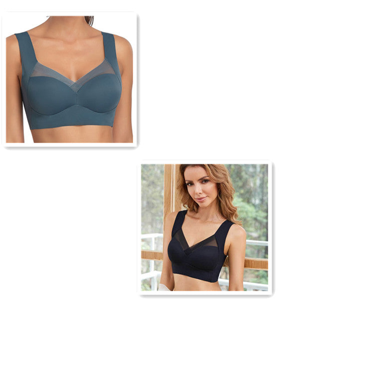 Wire-free full coverage comfort bra collage: light blue and dark navy/black V-neck bras