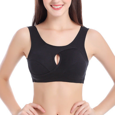 Black cotton sports bra with center cutout and supportive molded cups