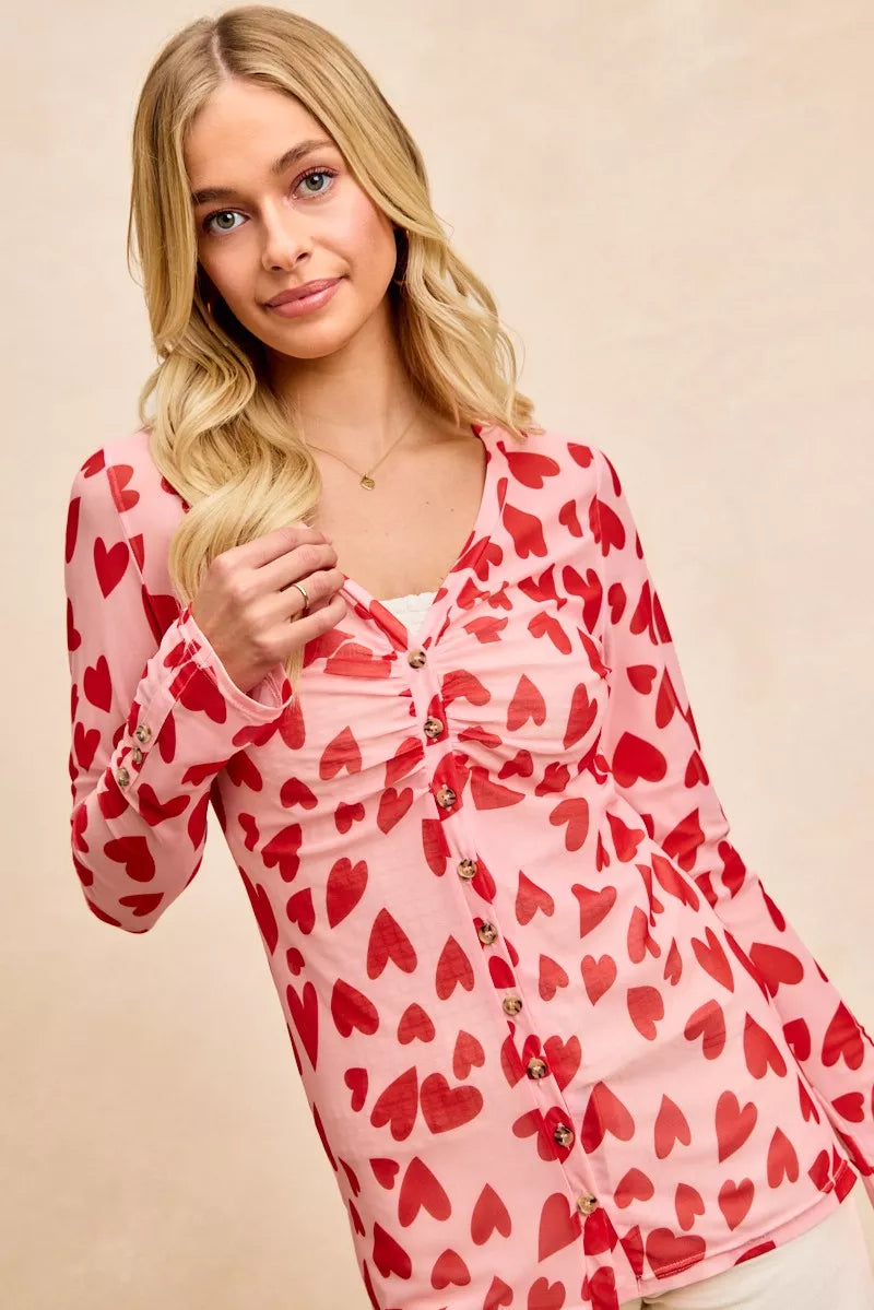 Heart print mesh shirt with front ruching and gold-tone button details, blush/red