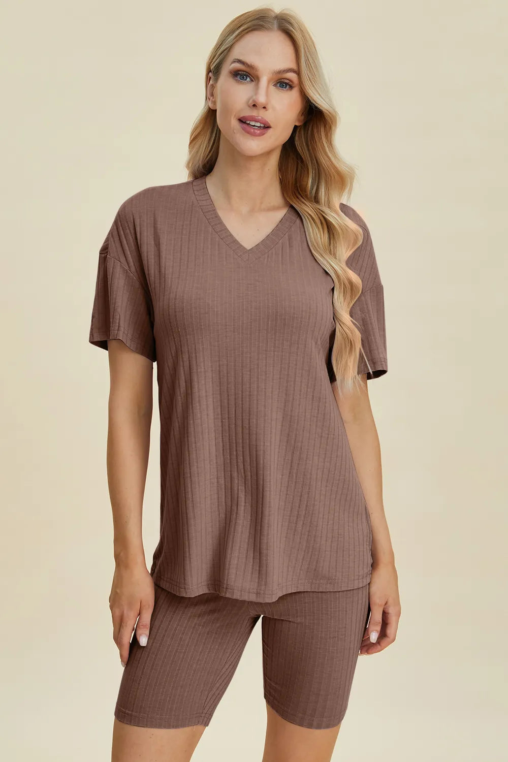 Taupe ribbed V-neck short-sleeve top and matching biker shorts set