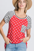 Red star print plus-size tee with navy striped sleeves and pocket, round neck