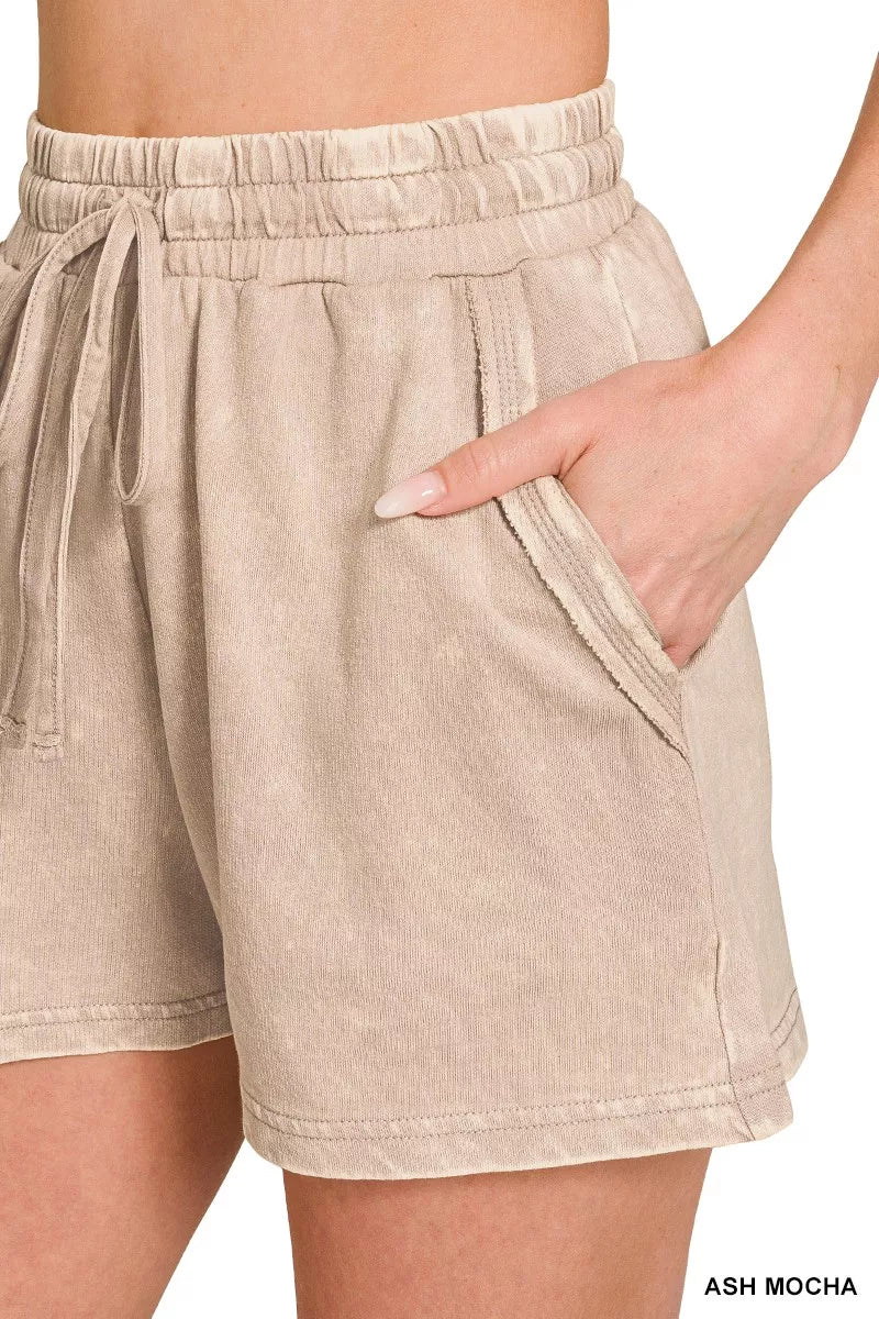 Ash mocha shorts pocket detail and drawstring at elastic waistband