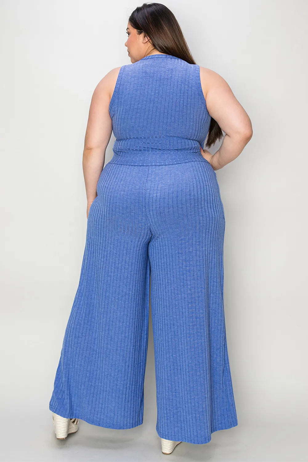 Dusty blue ribbed tank and wide-leg pants set, sleeveless knit