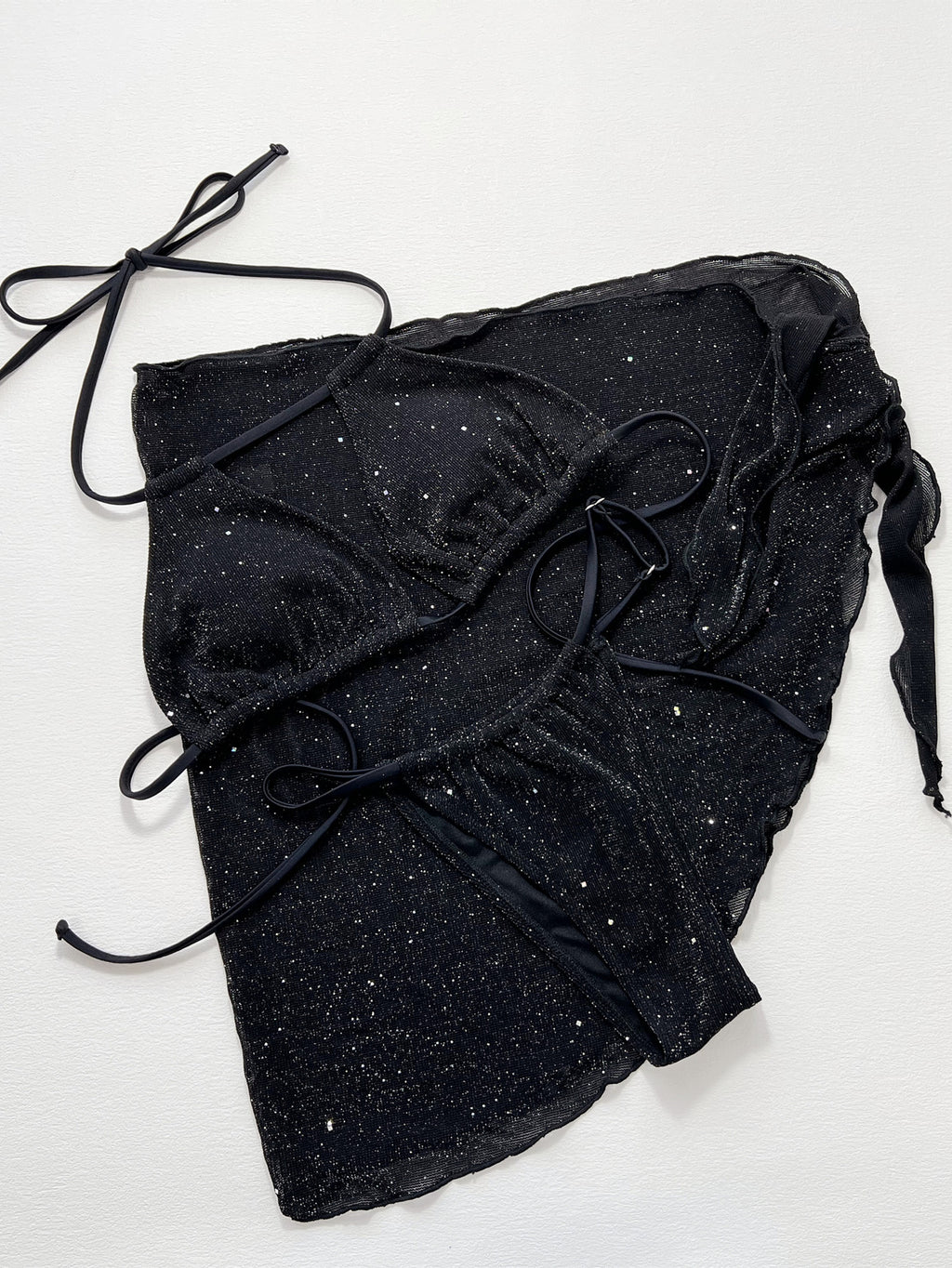 Schwarzes Glitzer-Bikini-Oberteil mit verstellbaren Bindebändern