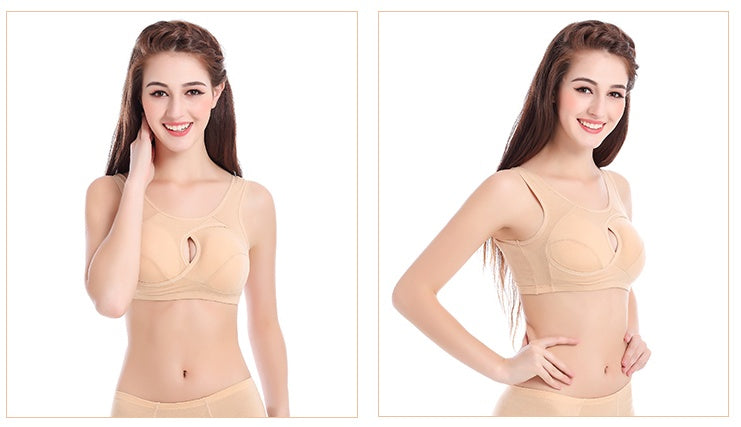 Beige cotton sports bra with center cutout, shown from front on model