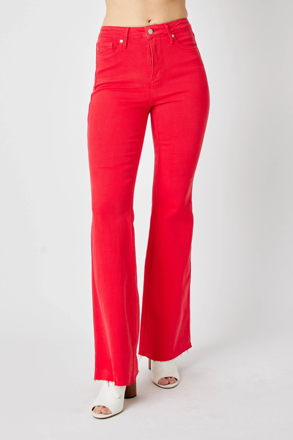 Red flare jeans, plus size, high-rise waistband with button and front pockets