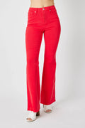Red flare jeans, plus size, high-rise waistband with button and front pockets