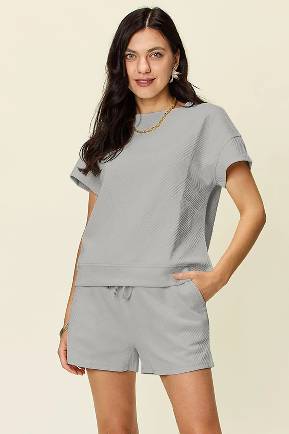 Light gray textured short-sleeve T-shirt and drawstring shorts set
