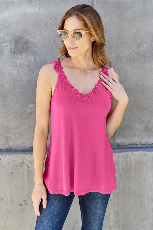 Pink lace-trim V-neck camisole with front cutout detail