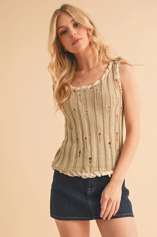 Khaki distressed knit tank top, round neckline, sleeveless design with scalloped bottom trim