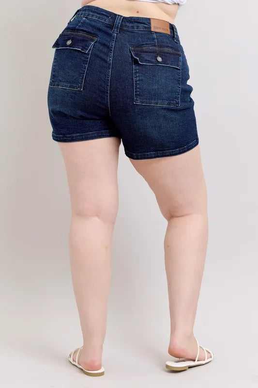 High-waist dark denim shorts with back flap pocket detail
