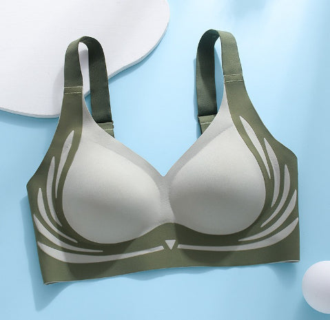 Olive and gray sports bra with white swirl print, racerback straps, V-cut neckline (2-pack)