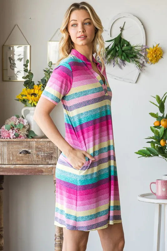 Pink multi striped mini tee dress with short sleeves and polo button placket