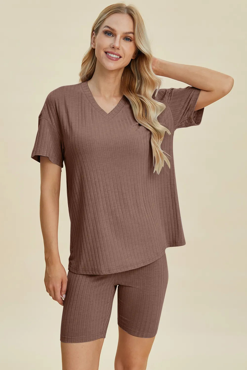 Taupe ribbed V-neck short-sleeve top and matching biker shorts set, front pose