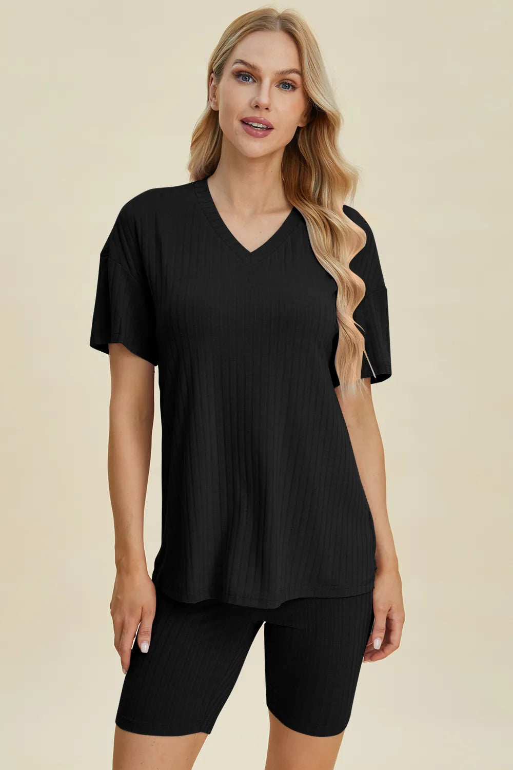 Ribbed v-neck short sleeve top and matching shorts set, black, front view