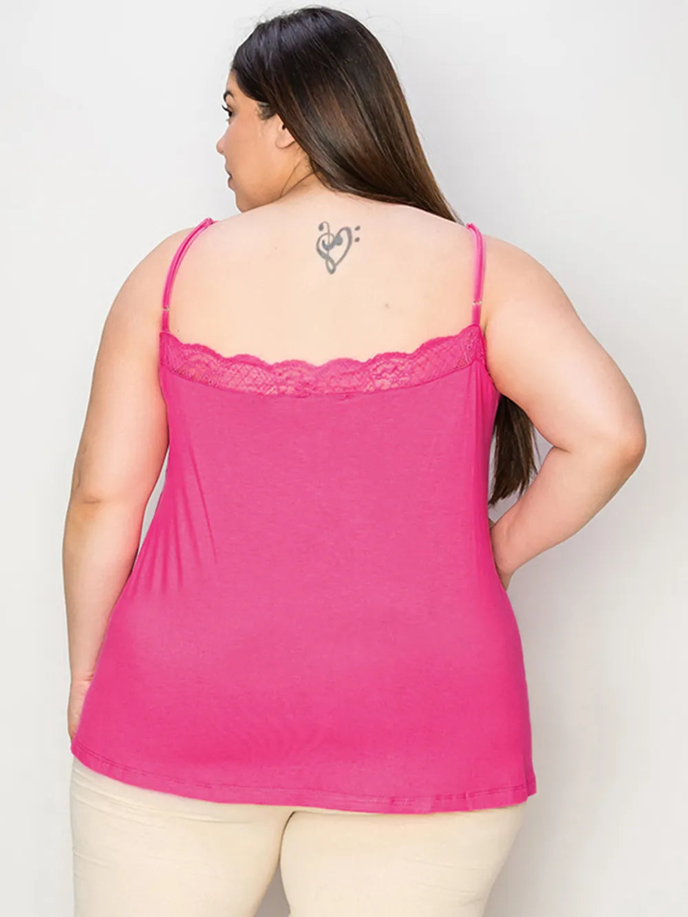Pink lace-trim cami back, thin spaghetti straps and scalloped lace at upper back