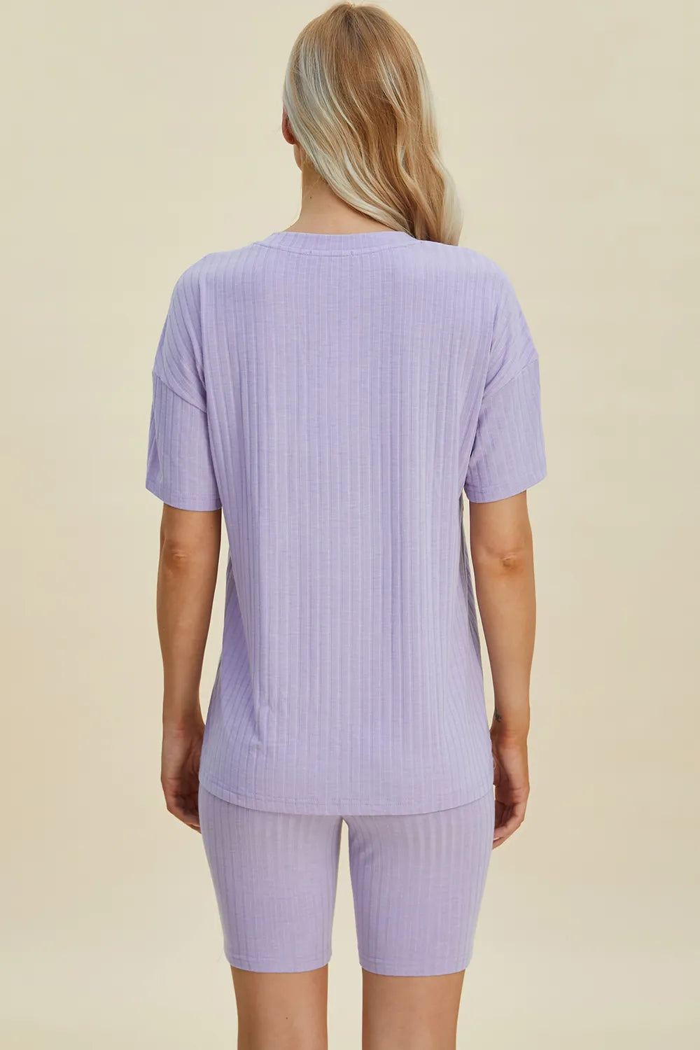 Lavender ribbed V-neck short-sleeve top and biker shorts set, back view