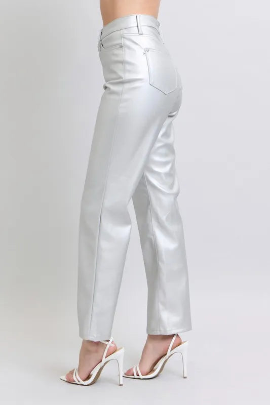 High-waist metallic faux leather pants with angled side pocket and wide leg