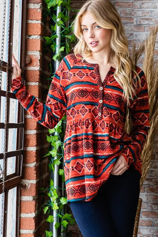 Scarlet geometric babydoll top with long sleeves and button front detail